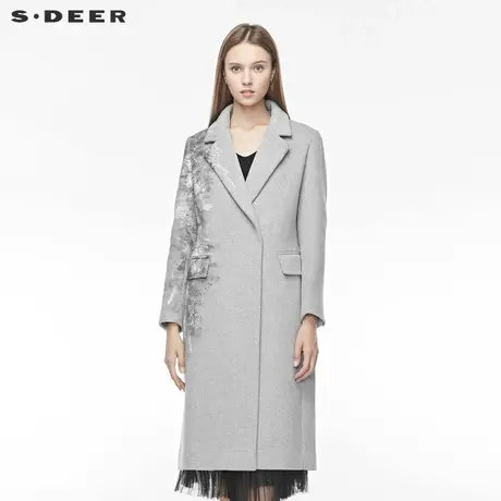 sdeer圣迪奥冬季时尚平驳领水墨印花插袋长款毛呢大衣女S19481801图片