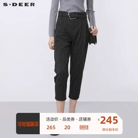 sdeer圣迪奥女装时尚高腰撞色格纹插袋九分裤S21380842商品大图