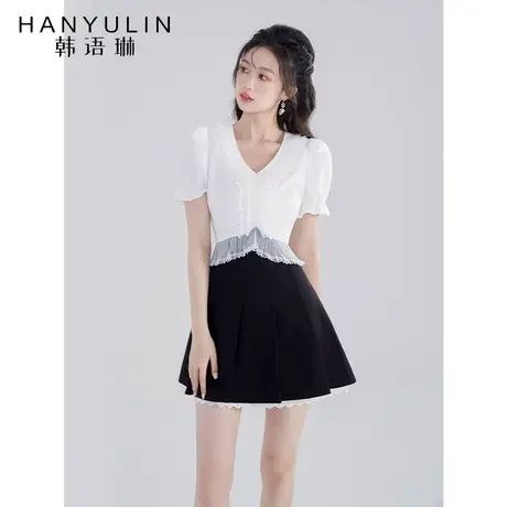 韩语琳黑白V领泡泡袖连衣裙子女夏季荷叶边拼接高腰A字裙百褶短裙图片