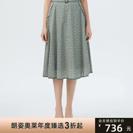 朗姿夏季薄款收腰纯棉植物印花通勤风A字裙女式半裙图片