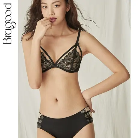BRAGOOD本命年红色超薄蕾丝无海绵小胸聚拢上托文胸套装 布谷内衣商品大图