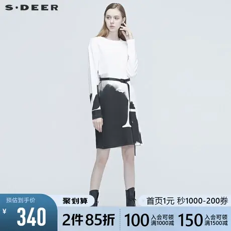 sdeer圣迪奥春秋撞色晕染印花收腰通勤长袖卫衣连衣裙女S20381210图片