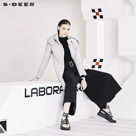 sdeer圣迪奥冬装简约高领连帽解构拼接长款毛呢大衣女S19481864图片