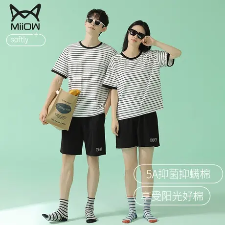 猫人纯棉情侣睡衣女夏季薄款条纹短袖短裤休闲大码男士家居服套装商品大图