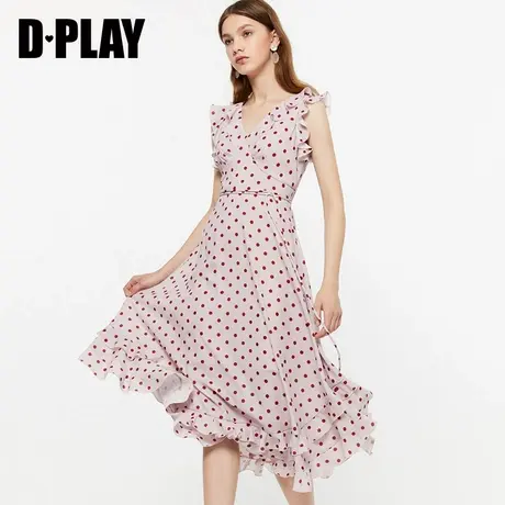 DPLAY德帕拉夏季新款时尚波点夏装粉色V领收腰中长A字连衣裙图片