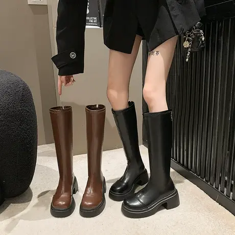 英伦风长筒靴女2023春秋季新款高级气质洋气瘦瘦靴粗跟厚底骑士靴商品大图