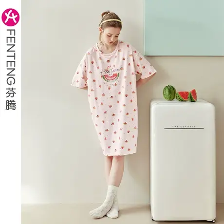 芬腾睡裙女纯棉夏季短袖薄款透气中长裙可爱卡通甜美韩版少女睡衣图片