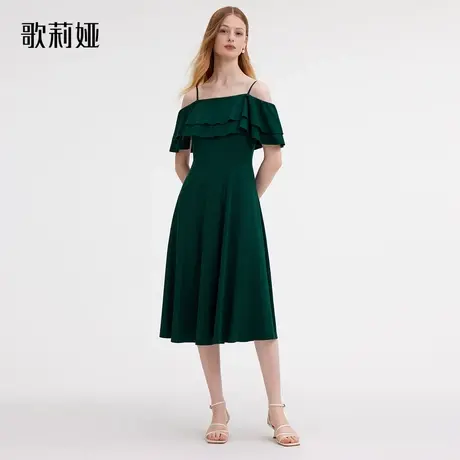 歌莉娅针织吊带连衣裙女秋季新品墨绿色荷叶袖气质裙子1B7R4H080图片