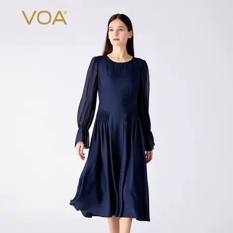 VOA桑蚕丝暗纹提花藏蓝圆领喇叭长袖宽松多褶百搭休闲真丝连衣裙图片