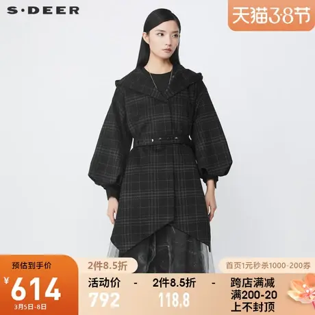 sdeer圣迪奥2021冬装新品连帽撞色格纹收腰宽松毛呢大衣S21461703图片