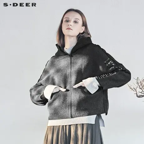 sdeer圣迪奥冬装字母印花休闲包边落肩宽松连帽毛呢外套S18482280图片