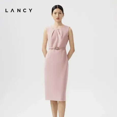 LANCY/朗姿2024春季新款无袖设计感通勤收腰醋酸裙子中长连衣裙女图片