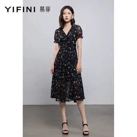 Yifini/易菲V领碎花连衣裙收腰显瘦女夏季新款公主长款百褶雪纺裙图片