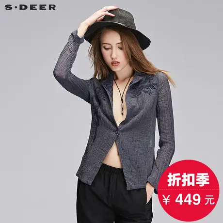 【商场同款】sdeer圣迪奥平驳翻领绣花一粒扣棉麻外套S17282270商品大图