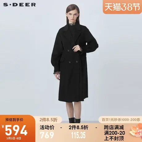 sdeer圣迪奥2021秋冬新品翻领双排扣泡泡袖长款毛呢大衣S21461827图片