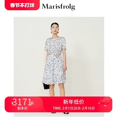 玛丝菲尔夏季新款浪漫波点圆领气质法式收腰白色连衣裙女图片