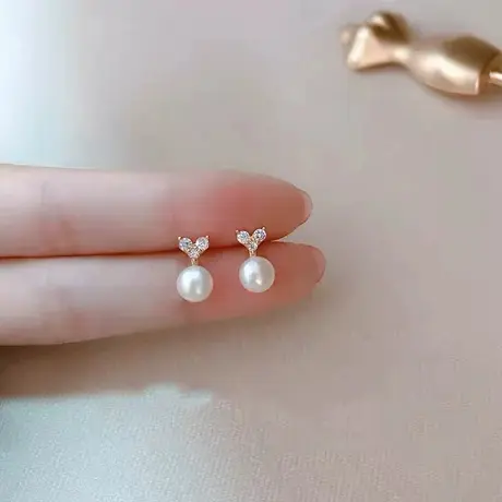 韩系耳饰高级感厚耳垂爱心小珍珠耳坠耳环小巧吊坠小香风耳钉女图片