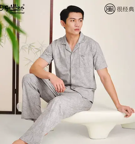 金利来睡衣男夏季2025新款短袖长裤可外穿印花家居服睡衣睡裤套装图片