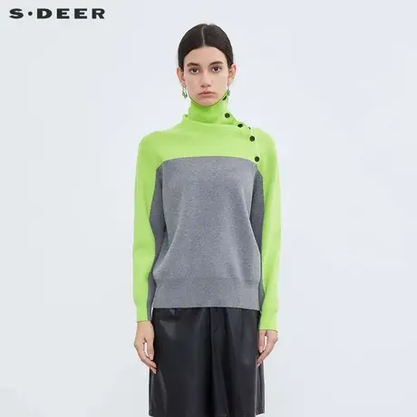 sdeer圣迪奥女装罗纹高领撞色拼接宽松针织衫S23483508商品大图