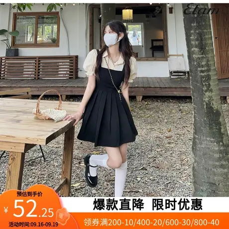 【艾格】法式复古泡泡袖假两件连衣裙2023夏新款温柔系裙子YZ045图片