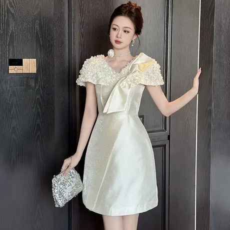 蝴蝶结设计感小众V领连衣裙女装轻奢显瘦名媛风高腰小礼服裙短款图片