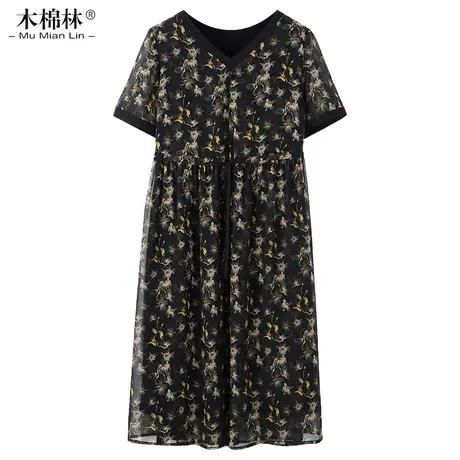 木棉林大码女装遮肚子a字裙2023夏中长款妈妈装V领夏季花色连衣裙商品大图