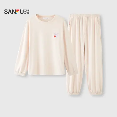 三福女冬季樱桃刺绣抗静电海岛绒睡衣套装 柔软长袖家居服507846图片