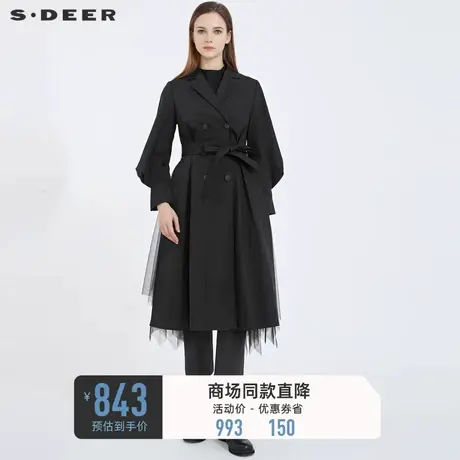 sdeer圣迪奥秋装收腰灯笼袖法式黑色衬衫长袖中长款风衣S21181801图片