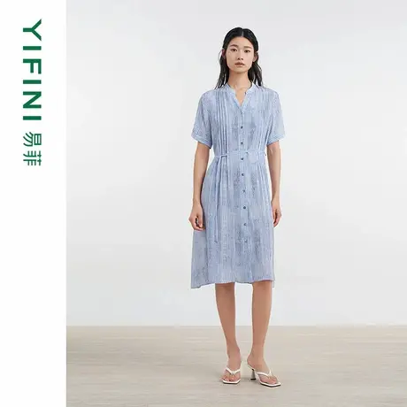 [专柜同款]Yifini/易菲真丝条纹印花短袖衬衫裙女通勤气质连衣裙图片