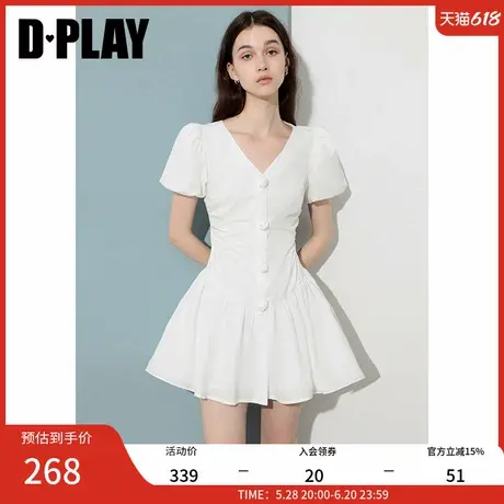 DPLAY2025年夏季新款白色V领泡泡袖连衣裙女甜美收腰A字短裙图片