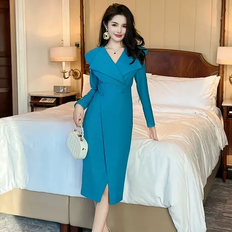 时尚气质女神范正肩修身连衣裙秋装轻奢性感名媛风开叉V领包臀裙图片