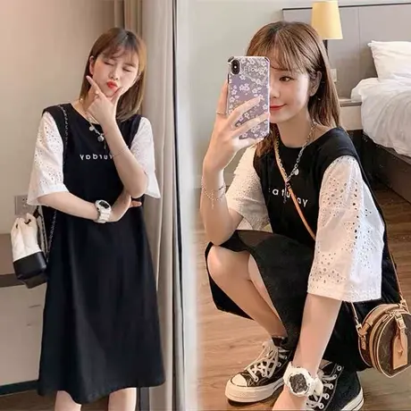 假两件短袖T恤裙子女装2023新款大码胖mm显瘦遮肚减龄休闲连衣裙图片