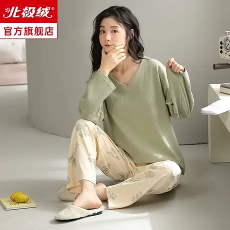 纯棉带胸垫睡衣长袖女春秋季大码薄款全棉可爱外穿女式家居服套装图片