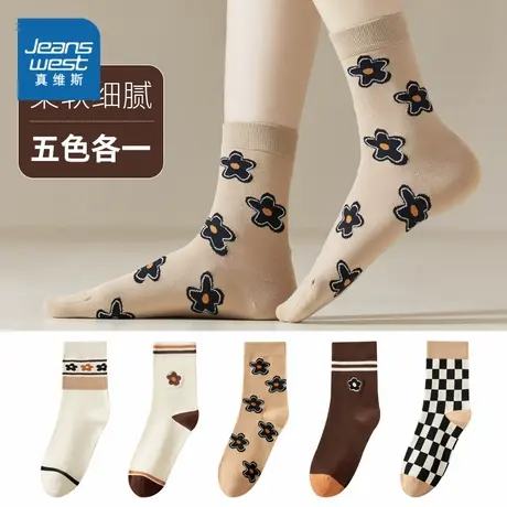 YM【5双装】真维斯袜子中筒女袜春秋季花朵提花秋冬季女士长袜女商品大图