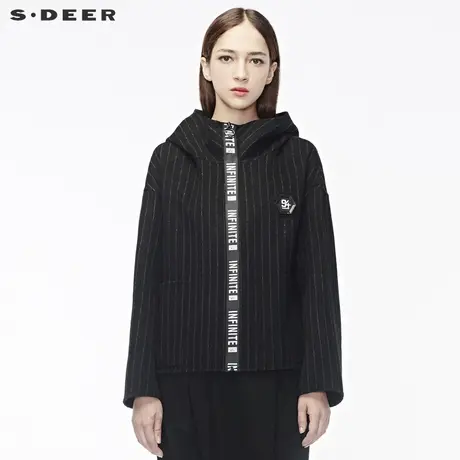sdeer圣迪奥冬装英伦黑白条纹撞色字母高领连帽毛呢外套S18482284图片