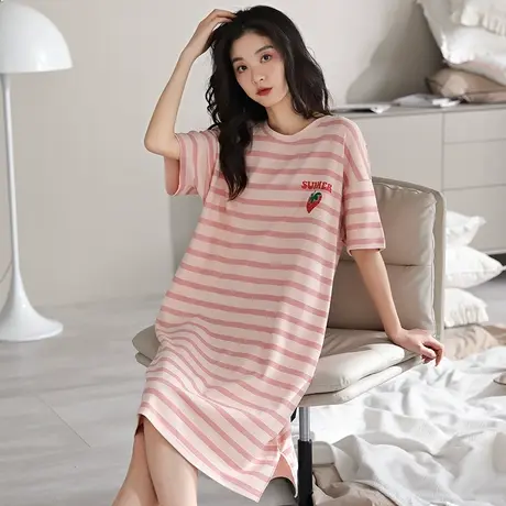 婷美条纹睡裙女夏季纯棉短袖圆领连衣裙子甜美外穿薄款睡衣家居服图片