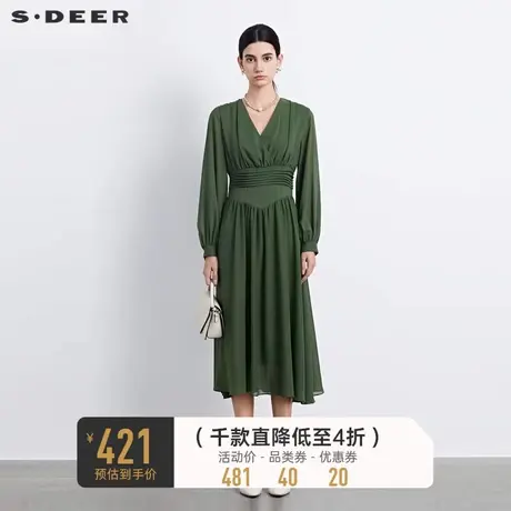 sdeer圣迪奥女装V领压褶垂坠雪纺长袖连衣裙S233Z12P8图片