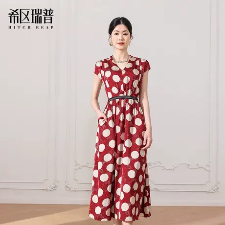 希区瑞普复古大波点V领连衣裙雪纺法式长裙女修身春夏2025年新品图片