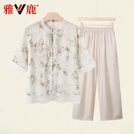 雅鹿新中式国风夏装中年妈妈2025新款上衣裤子洋气高贵衬衫套装女图片