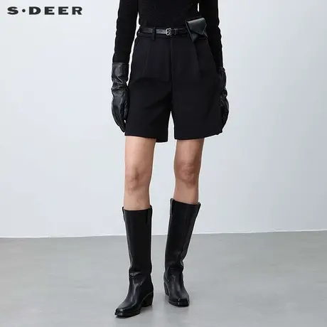 sdeer圣迪奥女装松紧拼接压褶插袋毛呢A字短裤S23480901商品大图