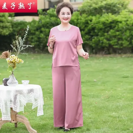 妈妈夏装大码两件套装阔太太高贵短袖T恤裤子春夏新款中老年女装商品大图