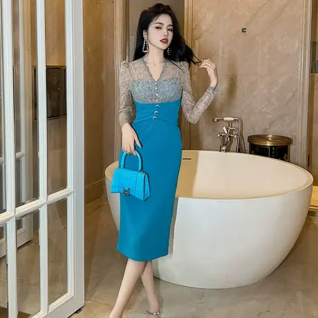 高冷御姐风名媛V领连衣裙女秋冬过膝中长款收腰拼接蕾丝包臀裙子图片