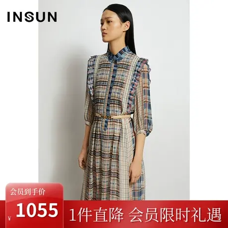 恩裳春秋季新款商场同款桑蚕丝复古格纹拼接重磅真丝轻奢连衣裙图片