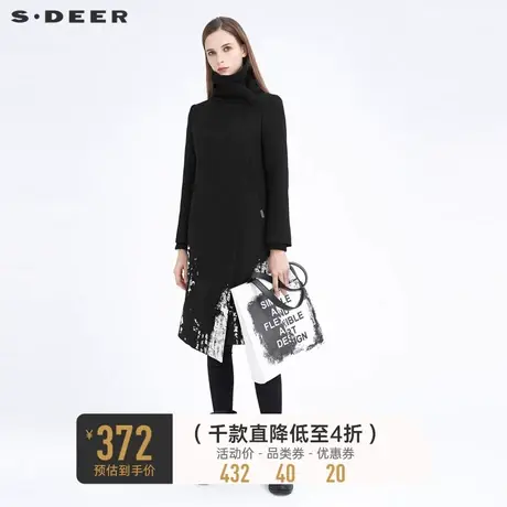 sdeer圣迪奥不规则领时尚撞色印花斜襟长款毛呢大衣女S20481838图片
