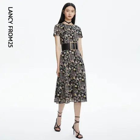 LANCY/朗姿网纱刺绣连衣裙子奥莱夏季新款收腰显瘦A字裙商场同款图片