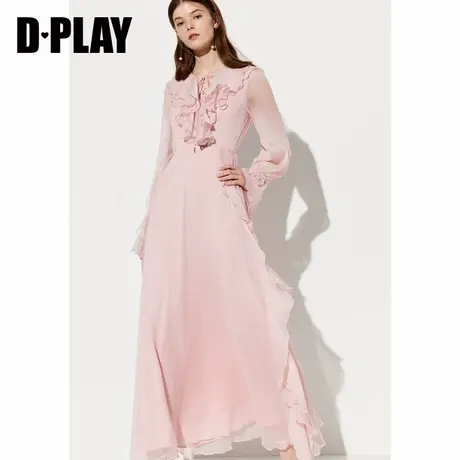 DPLAY德帕拉秋冬新款时尚粉色荷叶边飘逸喇叭袖收腰气质连衣裙女图片