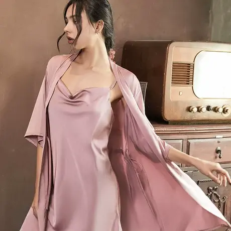 2024年新款性感睡裙女夏冰丝绸薄款春秋短裙袍两件套荡领吊带睡衣图片