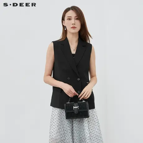 sdeer圣迪奥女装西装领双排扣拉链拼接无袖马甲S222Z1601图片