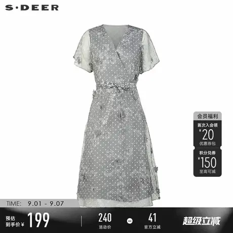 sdeer圣迪奥女装V领波点提花收腰短袖连衣裙S223Z12Y6图片