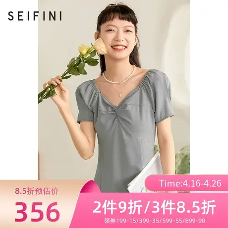 诗凡黎连衣裙女夏2021年新款烟灰色法式v领修身泡泡袖连衣裙长裙图片